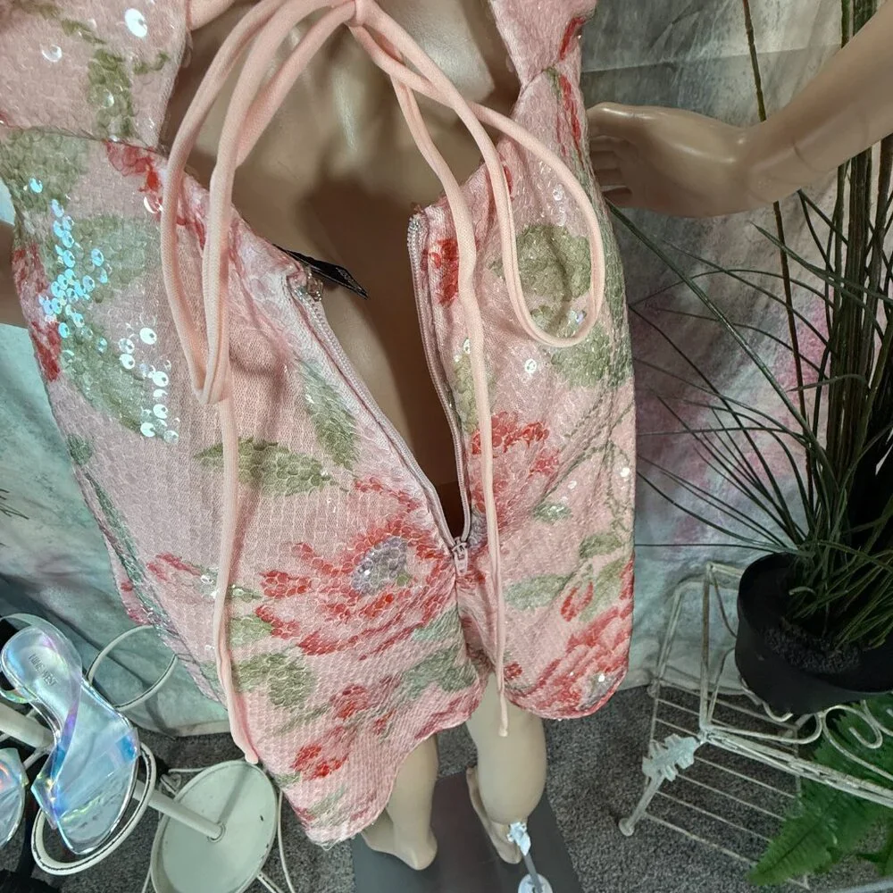 NEW 📌Windsor Makenna Floral Sequin Open Lace Up Back Mini Cocktail Dress - Picture 12 of 16